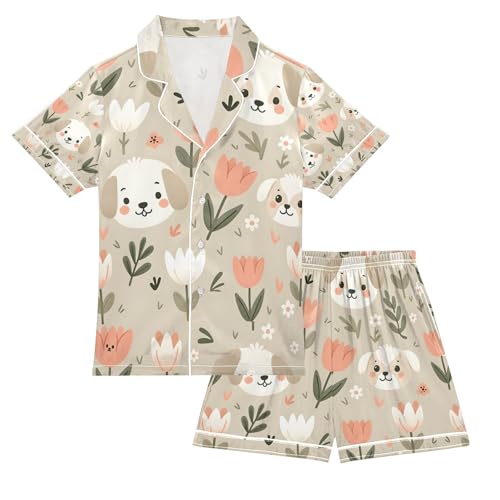 senya Cute Simple Dog Head Satin Summer Pajama Sets Silk Short Sleeve Button Down Sleepwear