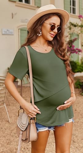 Ekouaer Camisetas femininas de manga curta para amamentação, blusa macia para amamentação, gola redo