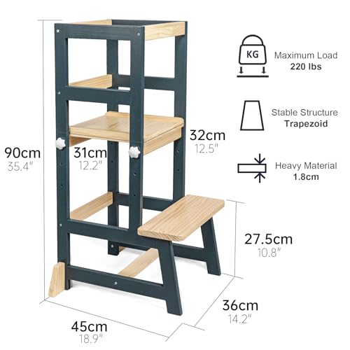 WOOD CITY Kitchen Stool Helper for Kids with Non-Slip Mat, Toddler StandingTower for Learning, Wooden Toddler Stepping Stool for Counter & Bathroom Sink (Deep-Blue-Adjustable)
