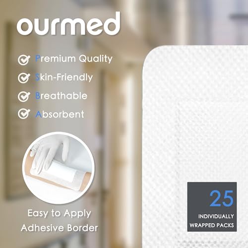 Ourmed Island Dressing Bordered Gauze 4\"x 10\"(2\"x 8\" Absorbent Pad), Pack of 25, Self-Adhesive Sterile Dressing with Highly Absorbent, Latex& Rubber- Free, for Cuts and Scratches