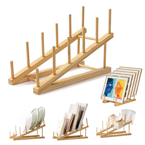 5 PCS Bamboo Tiered Display Stand Plate Stands for Display Book Display Vendor Booth Display Items Wooden Dish Rack Plate Rack Bamboo Dish Drying Rack for Kitchen Tabletop Craft Shows