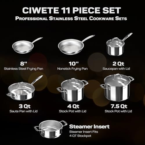 Tri-Ply Stainless Steel Pots and Pans Set 11-PC, 18/10 Stainless Steel Induction Cookware Set with Steamer Insert, Kitchen Cookware Sets with Stay Cool Ergonomic Handles, Dishwasher, Oven Safe - Thumbnail 3