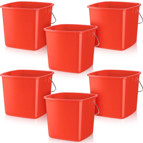 Zhehao 6 Pcs 3 Quart Bucket for Cleaning Small Sanitizer Bucket for Restaurant Square Plastic Pail with Handles for Home Offices Commercial Use Food Service(Red)