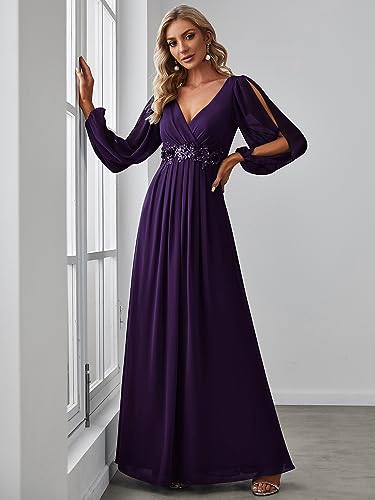 Ever-Pretty Women's V Neck Long Lantern Sleeves Floor Length Ruched Chiffon A-Line Formal Evening Dress 004614