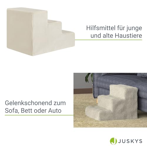 Juskys Haustiertreppe Hundetreppe 36 cm - Treppe 3 Stufen Plüsch-Bezug waschbar - Katzentreppe Hunderampe für Bett, Sofa, Couch und Auto - Bezug Beige
