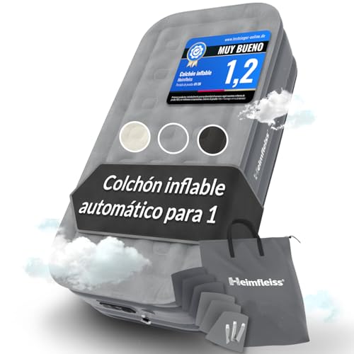 Heimfleiss® Premium Colchón Hinchable Individual para Invitados | Autohinchable Eléctrico con Bomba Integrada | PVC Resistente Antipinchazos Velour 100x200 x 45 cm | Cama Inflable para Camping | Gris
