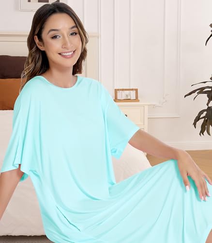 Image of NACHILA Women's Nightgowns-Viscose Made from Bamboo, Soft Sleepshirts Half Sleeve Nightshirt Cool Sleepdress with Pockets