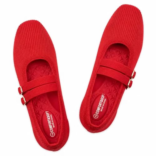 Image of Frank Mully Women's Flats Square Toe Mary Jane Shoes Ballet Flats with Strap Comfortable Slip On Knit Shoes Dressy Casual