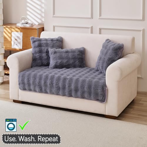 Image of HOKIPO 'FurHug' Luxury Faux Rabbit Fur Anti Slip Sofa Cover Mat, 2 Seater, Cool Grey (NEW-5013-GRY*1)