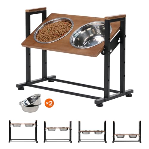 Adjustable Height Pet Feeder Stand with 2 Dishwasher-Safe Stainless Steel Bowls – Brown Wood Top & Black Metal Frame Elevated Food/Water Station for Dogs/Cats Under 100LBS