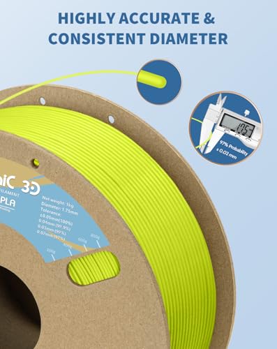 Image of DURAMIC 3D Matte PLA Filament 1.75mm Lime Yellow, 1kg Cardboard Spool Matte Finish 3D Printer Filament PLA 1.75mm Dimensional Accuracy 99% + /- 0.03 mm, Printing with FDM 3D Printer