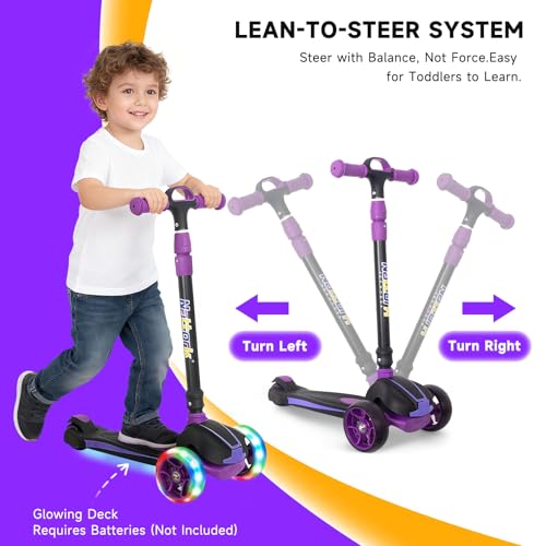 Nattork Kick Scooter for Ages 3-8, Light Up 3-Wheels Foldable Scooter with 4 Adjustable Height for Boys & Girls, Lean to Steer,Anti Slip Deck,Toddler Scooter 120lbs Weight Capacity Purple — view 3