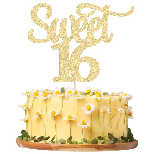 Gyufise 1Pc Sweet 16 Cake Topper Gold Glitter 16th Birthday Cake Pick Decoration for Cheers to 16 Years Old 16th Birthday Party Cake Decorations Supplies