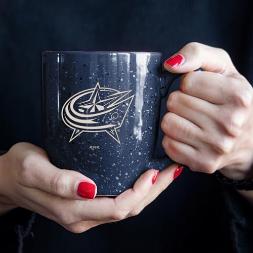 Image of Rico Industries NHL Hockey Columbus Blue Jackets Navy Personalized 16 oz Team Color Laser Engraved Speckled Ceramic Coffee Mug