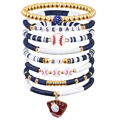 AKAIXI 8Pcs Dark Blue and White Baseball Game Day Clay Bracelet