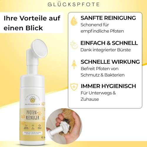 GLÜCKSPFOTE® Pfotenreiniger für Hund & Katze [200ml] | Reinigt & Pflegt natürlich - Pfotenschaum ohne Wasser | Hundepfoten Reiniger Pfotenpflege für Hunde ideal zur Pfotenreinigung für Hunde