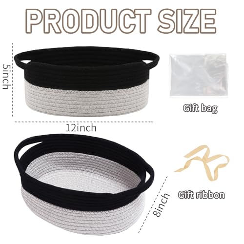Image of JMvicyroam Small Woven Basket, Empty Gift Basket, Black&Grey /1 Pack | Small Gift Basket, Cotton Rope, 12 x 8 x 78 in, Handles, Includes Ribbon and Bag, Birthday Gift Basket