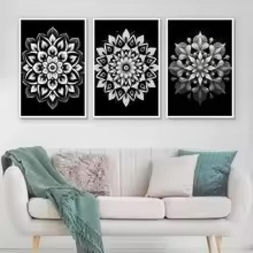 Toile mandala noir et blanc encadrée grand format salon élégant