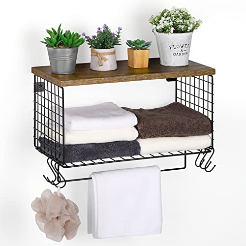 Towel Racks for Bathroom, Towel Holder Wall Mounted with Shelf & Tower Bars Farmhouse Towel Shelf with Hooks for Bathroom, Laundry Room Towel Storage