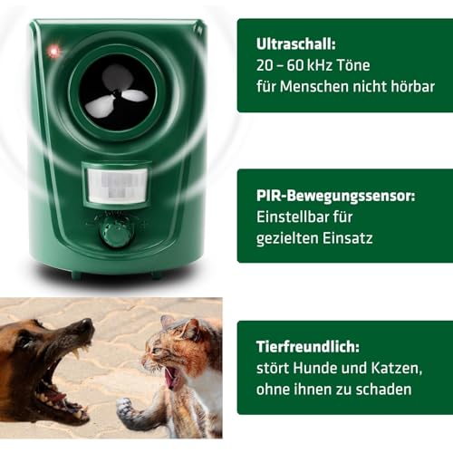 GARDIGO® Hunde- und Katzenabwehr | Hundeschreck und Katzenschreck für den Garten I Ultraschall Tiervertreiber 20-60 kHz I 120° Erfassungswinkel, 12m Reichweite | Gegen Hunde und gegen Katzen