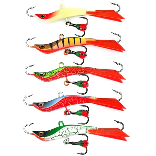 Ice Fishing Jigs with Solid Fishtail Fishing Bait Jigging Lures Kit Winter Metal Lures for Crappie, Panfish, Walleye, Bluegills and Other Species (Type A 5pcs Assorted jigs)