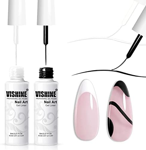 Vishine Juego de 2 esmaltes gel para arte de uñas, 2 colores clásicos blanco y negro, pintura en espiral, Euphoria, pincel fino en bolígrafos gel, kit