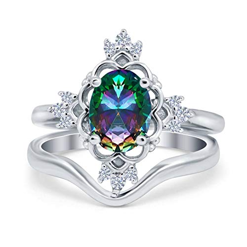 Blue Apple Co. Oval Two Piece Art Deco Vintage Style Bridal Set Wedding Engagement Ring Band Round Simulated Cubic zirconia 925 Sterling Silver