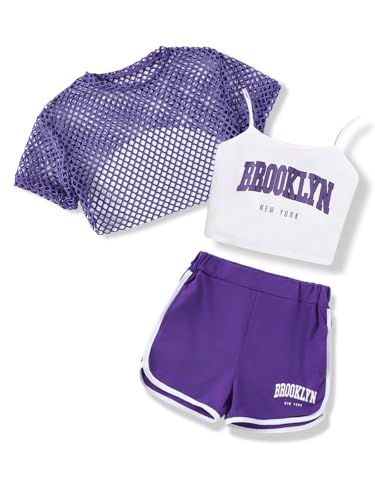 Vitalique Size 7 8 Girls Summer Outfits Fashion Crop Tee + Cami Top + Shorts Summer Girl Clothing Set Purple 7-8 Years
