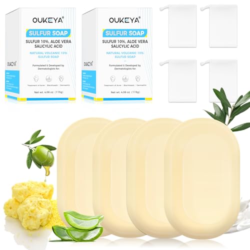 OUKEYA 10% Jabon De Azufre, Jabon Leche De Cabra, Ácido Salicílico, Aceite de Árbol de Té, Aloe Vera, Antibacteriano, Calmante, Limpieza Profunda, Reparación de la Barrera Cutánea, 4 x 115g