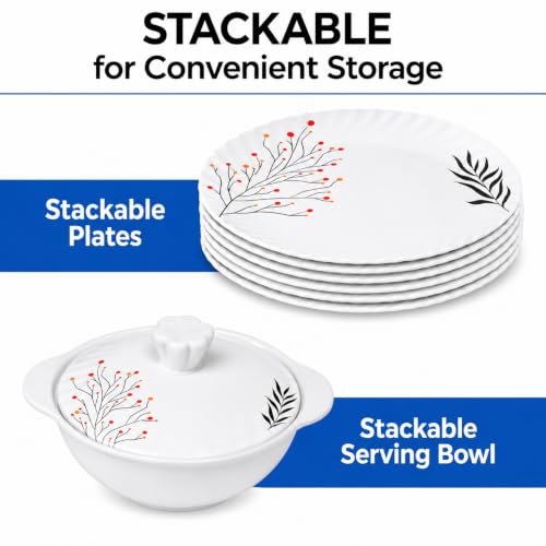 Image of Melvio Premium Floral Melamine Dinner Set for Family Dining, Elegant Printed Crockery Set with Dinner Plates, Quarter Plates, Bowls, Serving Bowls with Lids & Spoons, Lightweight (Dinner Set 18Pcs)