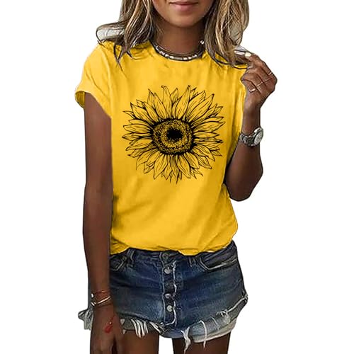 BLACKOO Women Cute Sunflower Graphic Tee Shirts Yellow Medium