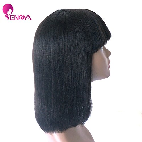Enoya Human Hair Bob Wigs with Bangs Brazilian Yaki Machine Made Glueless Short Wigs (12" Color#1b)