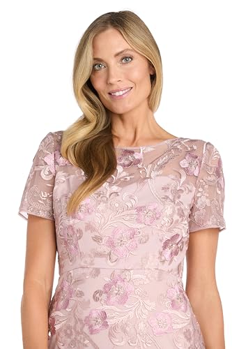 Image of Elegant Embroidered Mesh Midi-Length Dress W /Flounce Hem & Short Sleeves