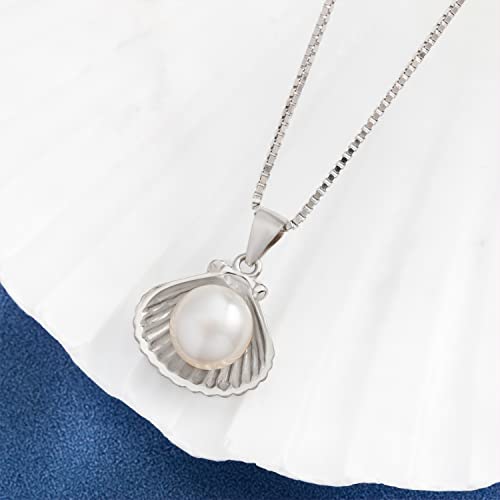 925 Sterling Silver Pearl in Seashell Necklace Pendant with 18" Box Chain, Freshwater Black White Pearl, Nickel Free Hypoallergenic, Hawaiian Island Jewelry for Wife Daughter Women, Gift Box2