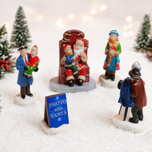 MOMENTS IN TIME Hand Painted Polyresin Christmas Village Set of 5 Family with Santa Figurines Miniature Holiday Scene for Christmas Villages Gift Ready Packaging Collectible Decoration