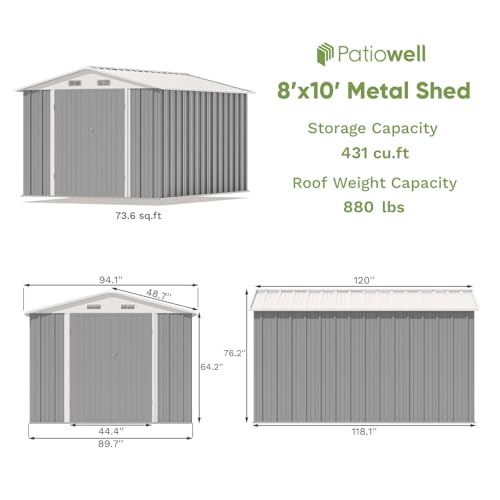 Patiowell 8x10 FT Outdoor Storage Shed, Large Garden Tool Metal Shed with Sloping Roof and Double Lockable Door, Outdoor Sheds for Backyard Garden Patio Lawn,Grey - Thumbnail 2