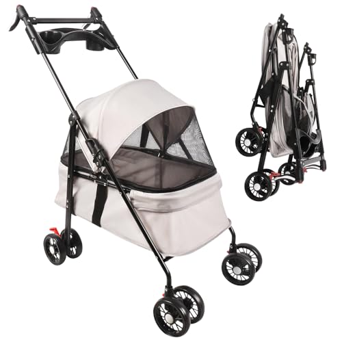 Homewell Klappbarer Haustierwagen mit Getränkehalter, Hundewagen & Katzenwagen, Leicht & Bequem mit Sicherheitsgurt, Atmungsaktiv, Stauraum, bis 20kg (Weiß)