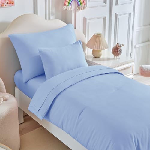 Image of Kids Comforter Sheet Set - Soft and Breathable Bed Set Includes Quilted Comforter, Fitted Sheet, Flat Top Sheet, Pillowcase and Toddler Pillowcase for Toddler - 5 Pieces Toddler Bedding Light Blue