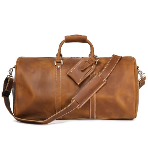 Luokir Mens Leather Weekend Bag Classic Leather Travel Duffel Bags YKK Zipper with Shoes Compartment Sports Vintage Travel Luggage Overnight Duffle Bags (Vintage Brown 22 Inch)
