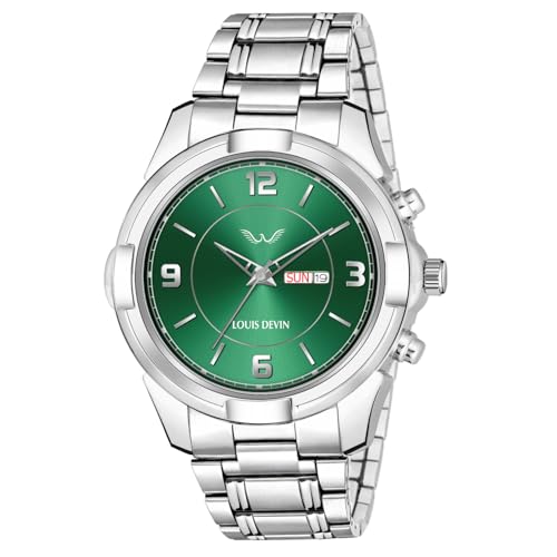 Image of LOUIS DEVIN Stainless Steel Chain Analog Wrist Watch for Men with Day and Date Display (Black /Blue /Green Dial) | LD-GR430-CH