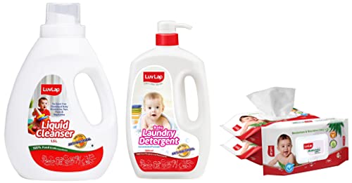 Image of LuvLap Liquid Cleanser, 1.5ltr & LuvLap Paraben Free wipes for baby skin with Aloe Vera, 72 Wipes /Pack With Lid Pack, 3 packs & LuvLap Baby Laundry Liquid Detergent,1000ml