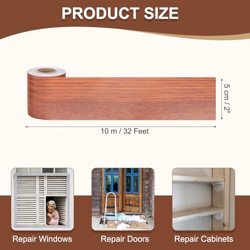 Image of MECCANIXITY Wood Grain Repair Tape, 2 Inch x 33 Feet Self Adhesive Wood Grain Tape Multi-Purpose Wallpaper Border Trim for Furniture Floors Windows Doors Tables Home DIY Projects, Red Oak