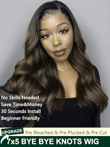 Image of KLAIYI Bye Bye Knots Glueless Ombre Brown Body Wave Pre Cut 7x5 Lace Front Wigs Human Hair Drawstring Pre Plucked Bleached Pre Everything Ready to Wear and Go Wig Highlight Balayage Colored Wig 18Inch
