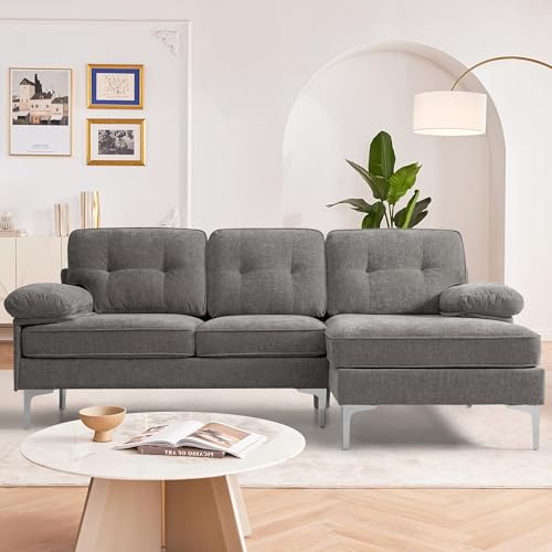 DUANDUAN Ecksofa 3-Sitzer Sofas 210cm breit Polsterecke mit Federkern Kissen und Rückenlehnen abnehmbar und waschbar - Chaiselongue beidseitig montierbar Couch L-Form fürs Wohnzimmer (Grau)