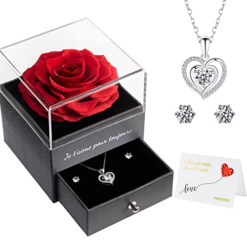 Je T'Aime Pour Toujours Rosa preservada con Collar Pendientes, Rosa Eterna Te Amo Rosa con Collar Regalos para Novia Mama Esposa Regalo San Valentín Madre Aniversario Cumpleaños Cover