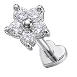 AZARIO LONDON Piercing de plata de ley 925 con forma de flor, circonita cúbica, calibre 16, redondo, estrella, corazón y labio, piercing para labio, 8mm Length, Circonia cúbica Chapado en plata