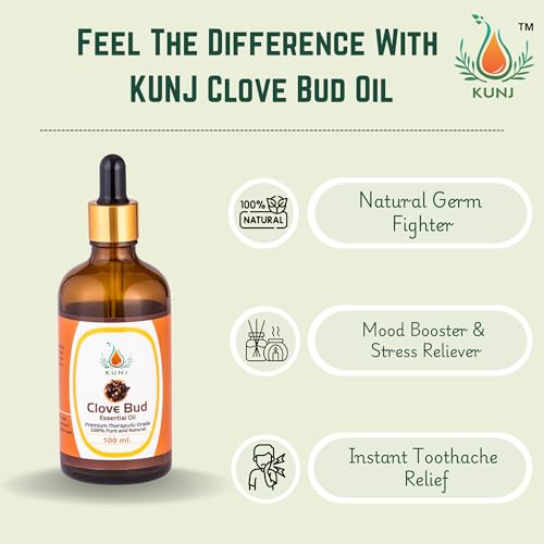 Image of KUNJ Clove Bud Oil (Syzygium aromaticum) 100ML - 100% Pure & Natural, Steam Distilled - Therapeutic Grade Oil for Natural Germ Protection, Aromatherapy & Skin Care