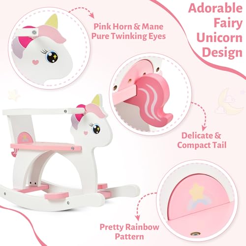 Image of FUNLIO Wooden Unicorn Baby Rocking Horse Ages 0.5-3, Cute Baby Rocking Horse with Removable Fence & Backrest, Easy to Assemble Toddler Wooden Rocking Horse, CPC & CE Certified - Pink