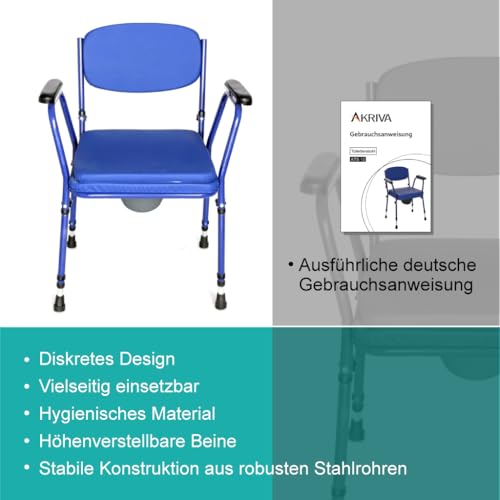Akriva Toilettenstuhl mit Eimer, höhenverstellbarem Sitz und Rückenlehne，rutschfeste Füße, extra gepolsterter Sitz, WC Stuhl für Senioren & Pflege, Blau
