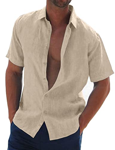 Halfword Leinenhemd Herren Kurzarm Hemd Sommer Freizeithemd Strandhemd Baumwolle Leinen Einfarbig Shirts Beige L
